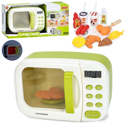 Мікрохвильова піч 34х16,5х11 см зі світлом, звуком, електронним табло, таймером, посудом та продуктами, на батарейці, у коробці 34х16,5х11 см.