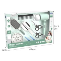 Набір перукаря: фен для волосся, дзеркало, гребінець, ножиці, на батарейці, у коробці 42х29,5х7 см