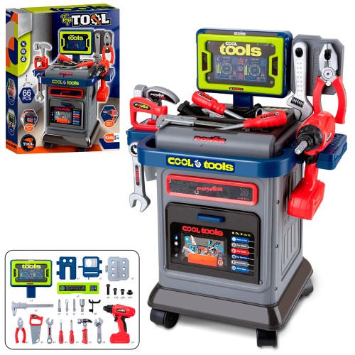 Набір інструментів на 41 елемент: тачка 43х25х53,5 см, 4 колеса, шуруповерт з обертовим свердлом, молоток, пила, гайкові ключі, викрутки, на батарейці, у коробці 39х49х10,5 см