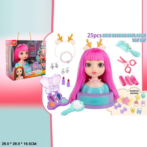 Манекен для зачісок з аксесуарами для волосся, тінями, помадою, дзеркальцем, у коробці 28х28х16,5 см