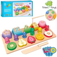 Бізідошка «Геофруктова рибалка» дерев`яна: ігрове поле 30х15,5 см, геометрика, 5 магнітних фруктів-пазлів магнітні, ніж, риболовля, у коробці 32,5х16,5х6,5 см