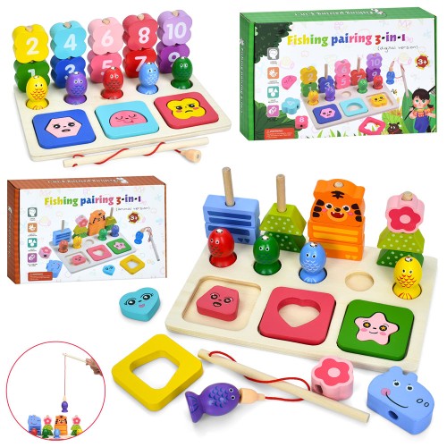 Бізідошка 3 в 1 дерев'яна: ігрове поле, пірамідки, магнітна риболовля, пазли,в асортименті, у коробці 24х15,5х5 см