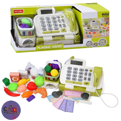 Касовий апарат 27х11х14,5 см см зі світлом, звуком, калькулятором, мікрофоном, сканером. вагами та набором продуктів, на батарейці, у коробці 41х16,5х14,5 см