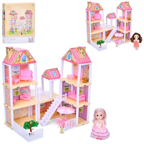 Будиночок 3-поверховий на 133 деталі: меблі, шарнірна лялька 15 см, собачки, в асортименті, у коробці 35,5х45х8,5 см.
