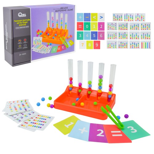 Гра «Кольорова математика» на 15 карток з завданнями, 40 кульок, пінцет а та 5 пробірок, у коробці 23х6х16 см