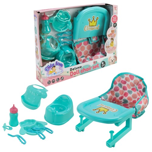 Аксесуари для ляльки: стільчик 12х14 дюймів, столові прибори, горщик, соска, пляшечка, у коробці 44х9х32,5 см