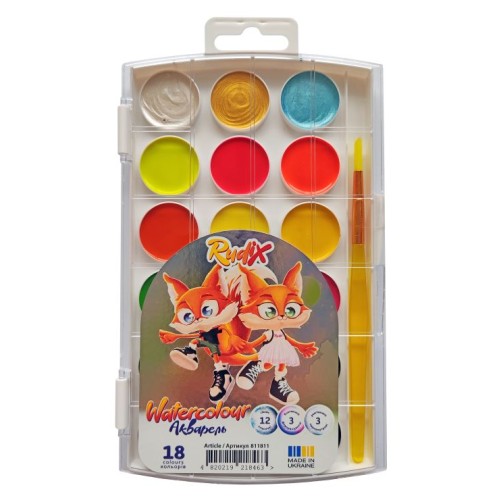 Фарби акварельні на 18 кольорів флурисцентних з пензликом, пластик, RUDIX