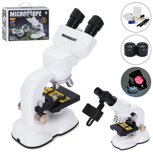 Мікроскоп 23х11х25 см зі світлом та склом, інструментами, тримачем для телефону, збільшення 400Х/800Х/1600Хна батарейці, у коробці 37х28,5х11,5 см