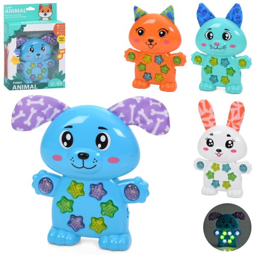 Тварина 14 см музична зі світлом та англійською озвучкою, шурхотять вушка, 2 режими гучності, на батарейках, в асортименті, у коробці 16х25х5 см.