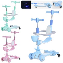 Самокат-велобіг 5 в 1 3-колісний на алюмінієво-пластиковій рамі, колеса ПУ зі світлом, передня 115 мм, заднє 85 мм, підніжкою 27х13 см та батьківською ручкою