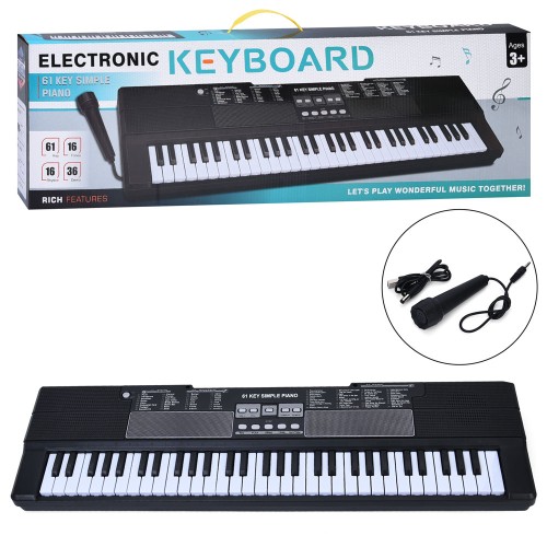 Синтезатор 65х18,5х5,5 см музичний на 61 клавішу з мікрофоном, записом, 36 демо, 16 тонів, 16 ритмів, регулятором гучності та USB, на батарейці у коробці