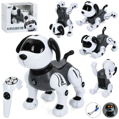 Песик 23 см р/к на акумуляторі сенсорна музична, реагує на руку, зі звуком та світлом, танцює, виконує команди, програмується, у коробці 28х25х17,5 см