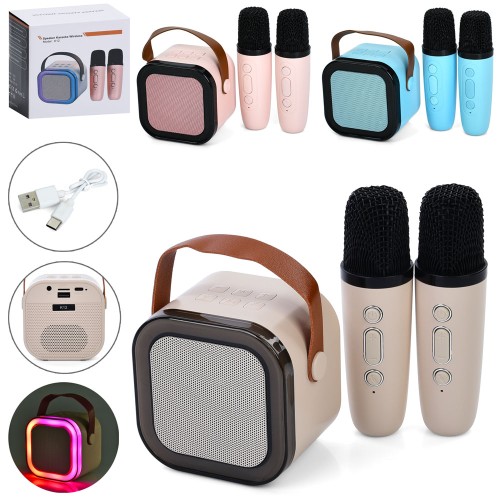 Колонка 9х9х7 см на акумуляторі 5 Вт зі світлом, Bluetooth, TF, USB та 2 мікрофони, в асортименті, у коробці 15,5х15х8 см.