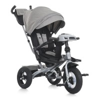 Велосипед 3-колісний на металевій рамі з гумлвими колесами 10 та 12 дюймів, 3-точковим ременем безпеки, USB/Bluetooth, пультом, світлом та сумкою, світло-сірий