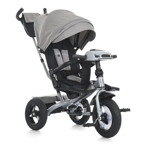 Велосипед 3-колісний на металевій рамі з гумлвими колесами 10 та 12 дюймів, 3-точковим ременем безпеки, USB/Bluetooth, пультом, світлом та сумкою, світло-сірий