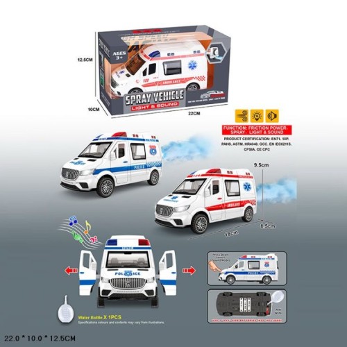 Машина «POLICЕ. AMBULANCE» зі світлом, звуком та парою, на батарейці, в асортименті, у коробці 22х12,5х10 см