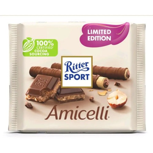 Шоколад «Ritter Sport» молочний з лісовим горіхом та шматочками вафлі 100 г