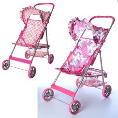 Коляска для ляльок «Прогулянкова» з кошиком, тканина рожева в квіточку, в пакеті 48,5х32,5х65 см