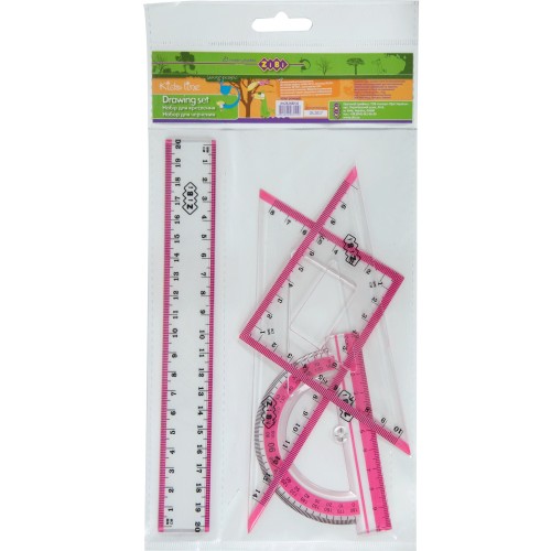 Набір: лінійка 20 см, 2 косинця, транспортир, з рожевою смужкою
