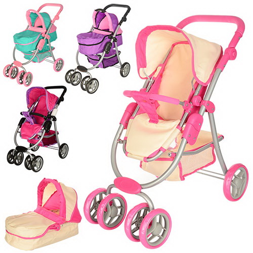 Коляска для ляльки «Прогулянкова» металева з подвійними поворотними колесами та кошиком, у коробці