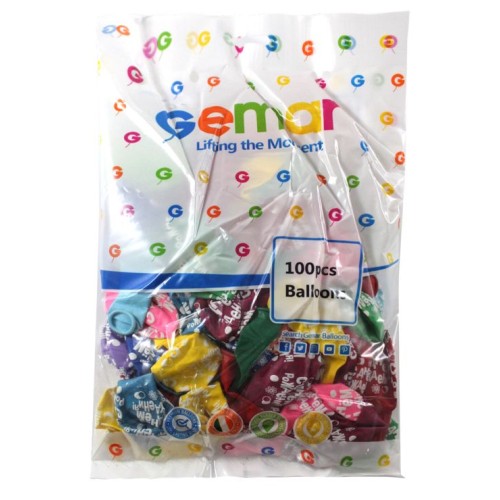 Кульки повітряні «Happy birthday» 30 см різнокольорові , 100 шт в упаковці, Gemar