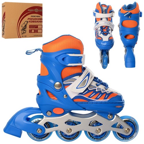 Ролики 31-34 розміру зі шнурівкю та баклею, алюміневою рамою, колесами ПУ, сині, у коробці 35х27,5х10,5 см