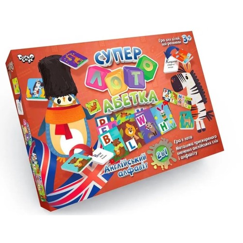 Лото розважальне «Суперлото. Абетка» з англійським алфавітом з 40 фішок-букв, 10 карток та мішечка, у коробці 37х25х4 см, ТМ Данко Тойс