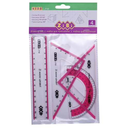 Набір: лінійка 15 см, 2 косинця, транспортир, з рожевою смужкою, ТМ ZiBi