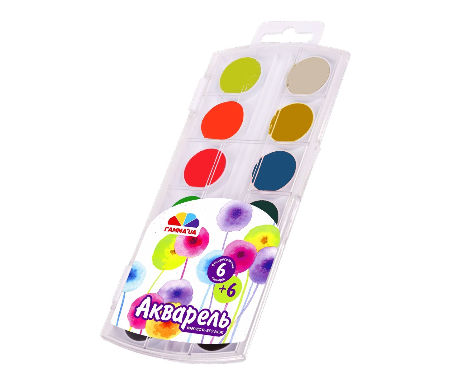 Фарби акварельні «Творчість» на 6 + 6 флуоресцентних кольорів без пензля, пластик, ТМ Гамма-Н