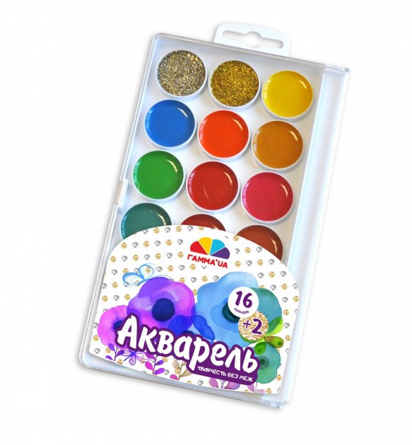 Фарби акварельні на 18 кольорів з золотом і сріблом без пензлика, пластик, Творчість