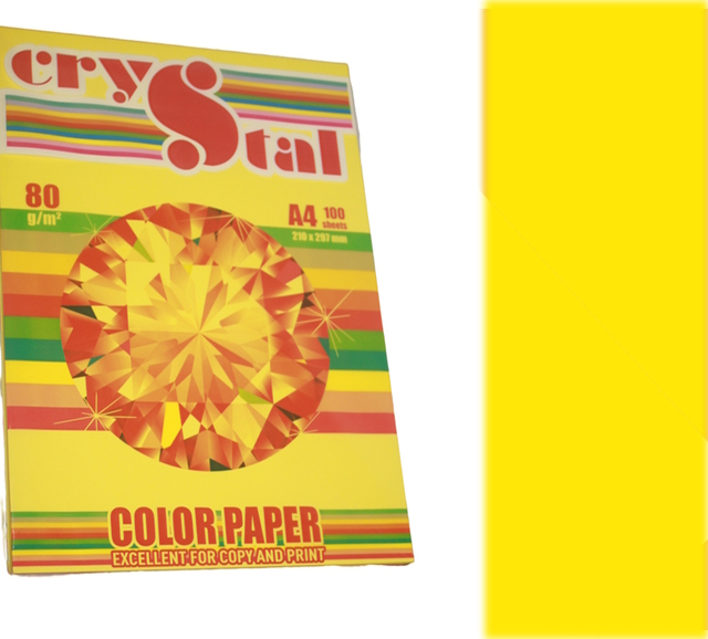 Папір кольоровий А4 на 100 аркушів 80 г/м2, інтенсив лимон, CRYSTAL COLOR PAPER