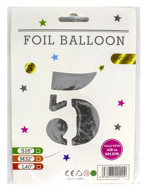 Кульки фольговані «Цифра 5» 82 см срібло, ТМ Leader