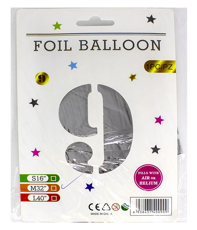 Кульки фольговані «Цифра 9» 82 см, срібло, ТМ Leader
