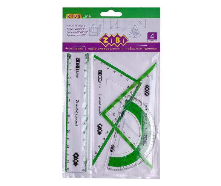 Набір шкільний: лінійка 15 см, 2 трикутники, транспортир, з салатовою смужкою, ТМ ZiBi