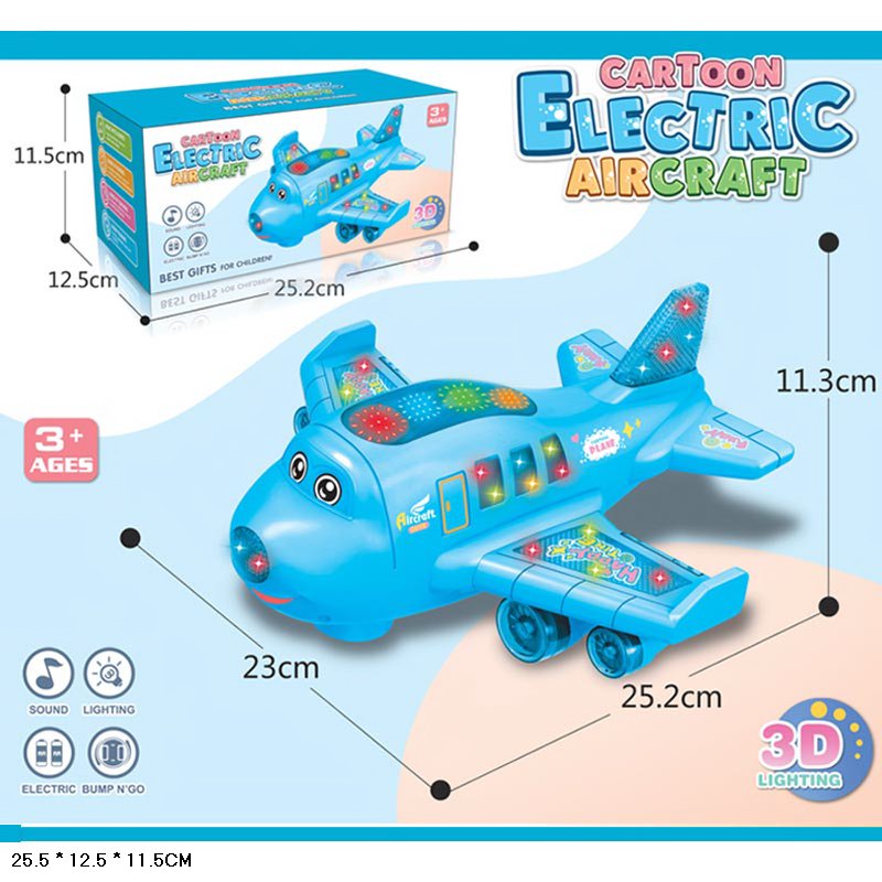 Літак музичний 23х25,2х11,3 см зі світлом та звуком, їздить та відштовхується від перешкод, на батарейці, у коробці 11,5х25,5х12,5 см