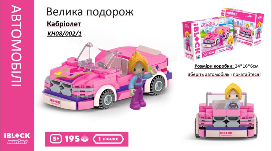 Конструктор IBLOCK JUNIOR «Кабріолет Велика подорож»,195 деталей, фігурки у комплекті, Kids hits