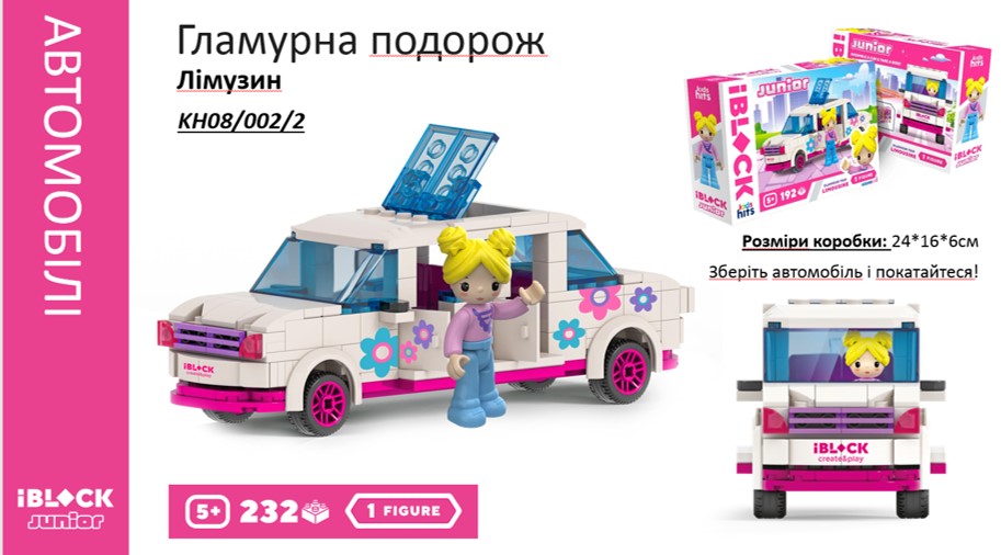 Конструктор IBLOCK JUNIOR «Гламурна поїздка Лімузин», 232 деталі, фігурки у комплекті, Kids hits