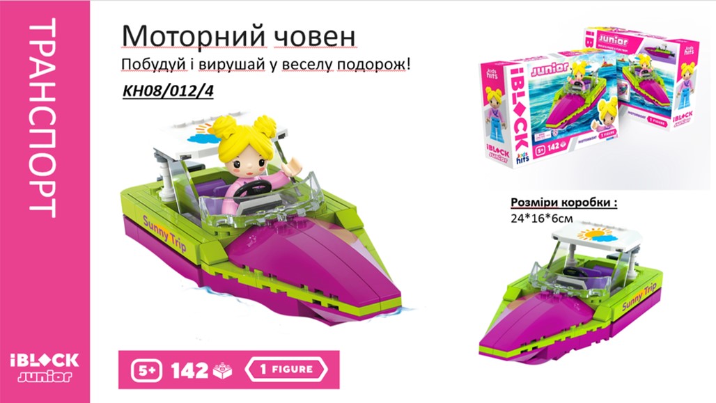Конструктор IBLOCK JUNIOR «Моторний човен», 142 деталі, фігурки у комплекті, Kids hits