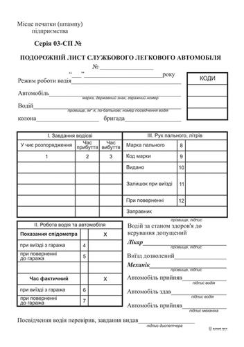 Подорожній лист легкового автомобіля без нумерації, ТФ №3, офсет