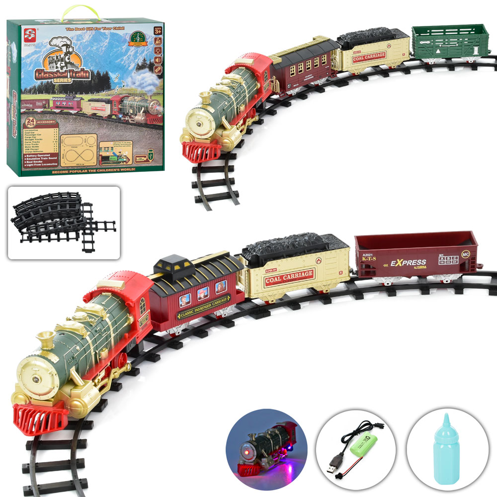 Локомотив 26 см з 3 вагонами з 24 елементів на акумуляторі з USB, звуком, світлом та парою