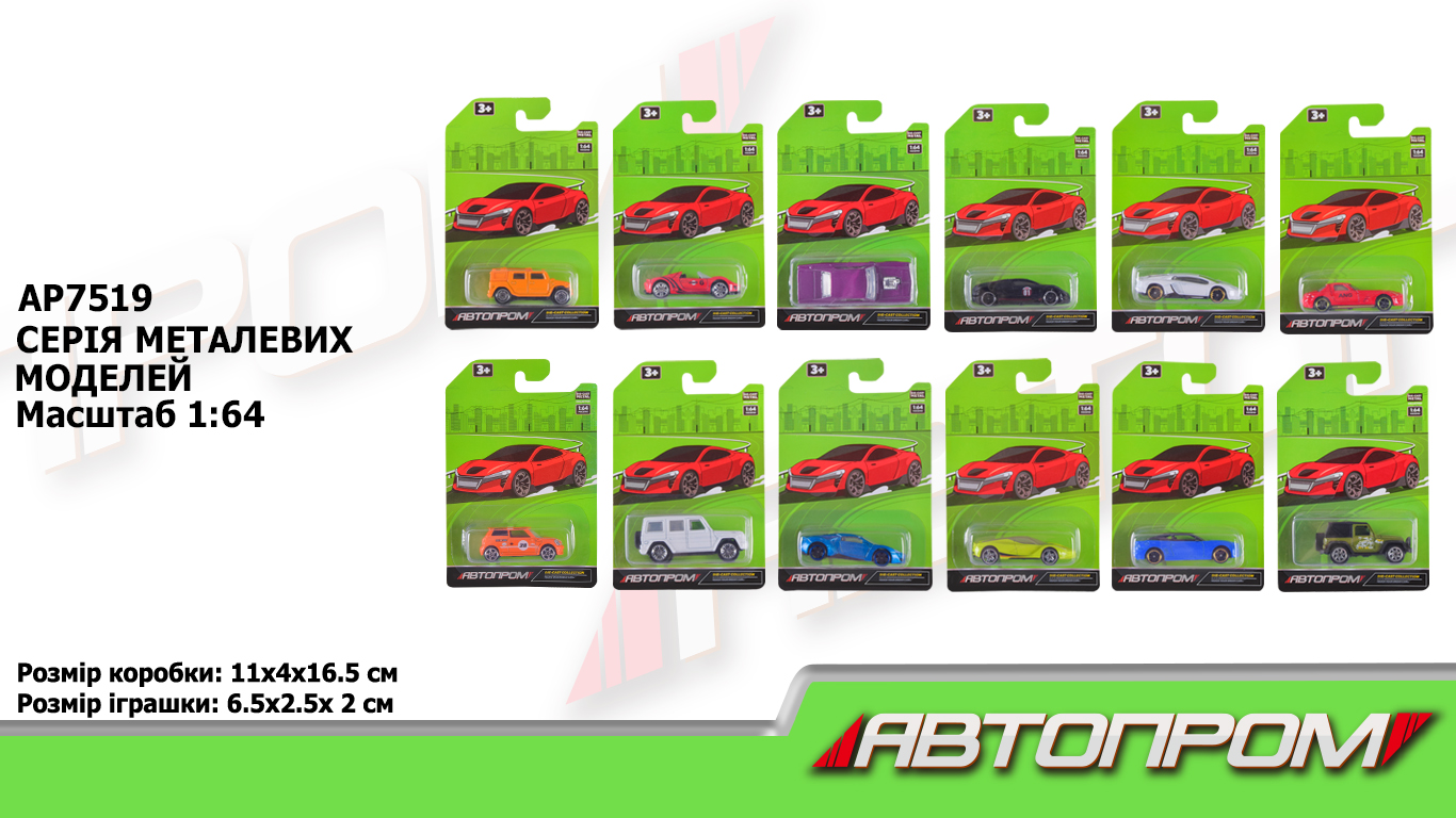 Машина 1:64 металева, в асортименті, на планшеті 16,5х11х4см, АВТОПРОМ