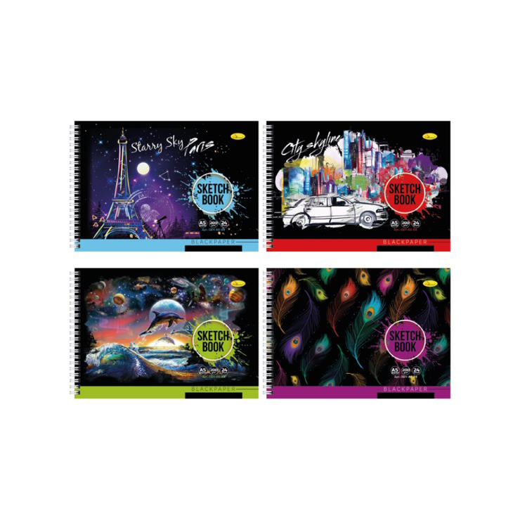 Скетчбук «BLACK» А5 на 24 аркуші на пружині з ламінованою обкладинкою, в асортименті, ТМ Апельсин