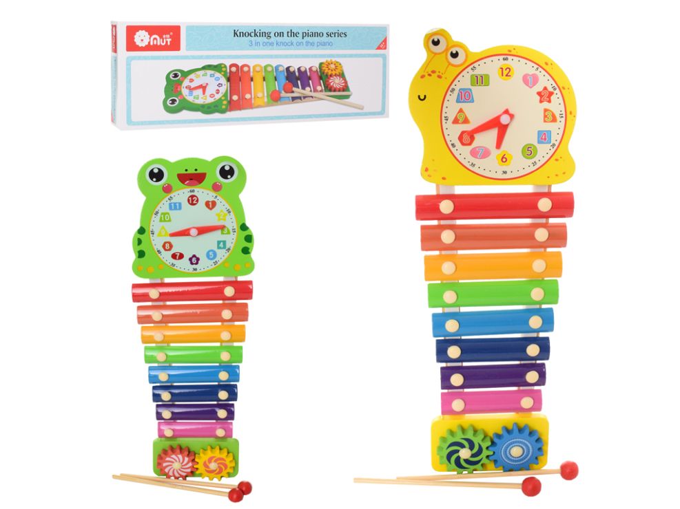 Ксилофон дерев'яний на 8 тонів з годинником, 2 паличками та рухомими деталями, у коробці 39х13,5х4 см