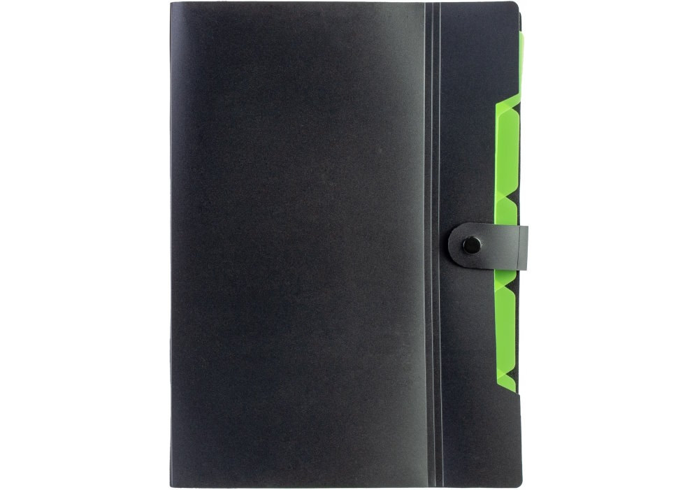 Папка пластикова А4 на 6 відділень на кнопці з розширенням, чорна з салатовим,ТМ Optima