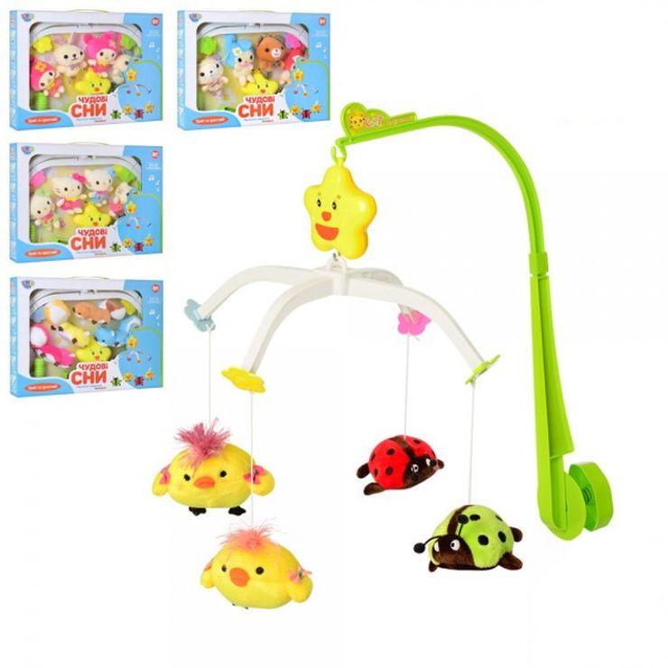 Карусель на ліжечко музична заводна з 4 плюшевими підвісками, на батарейці, в асортименті, у коробці 40х30х5 cм