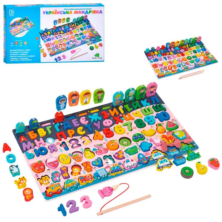 Багатофункціональна дошка «Українська мандрівка» 45х25 см навчальна: український алфавіт, цифри, тварини, транспорт, фрукти, ягоди, магнітна рибалка, фігурки-професії, у коробці 47х26х5 см