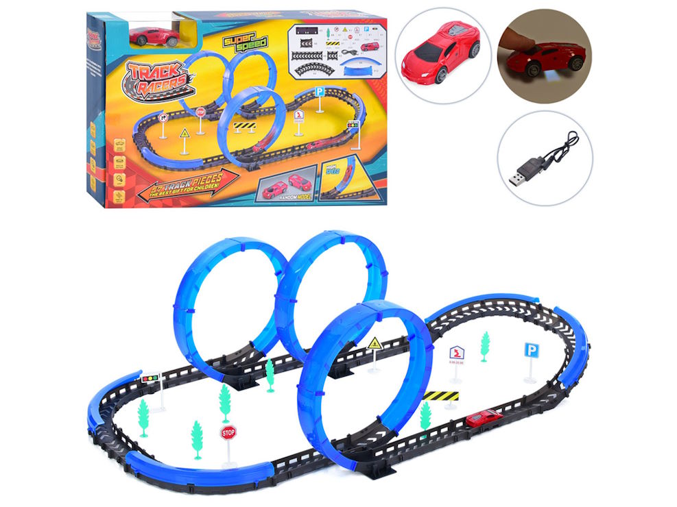 Трек з 57 деталей: машинка, дерева, знаки, на акумуляторі, в коробці 42х27х6,5 см