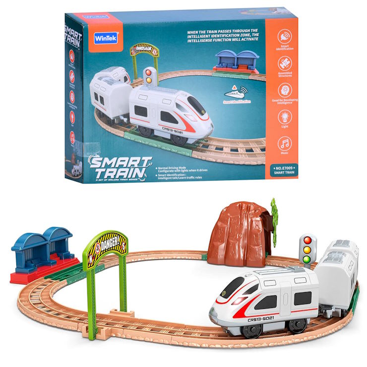 Залізниця 45х46 см: локомотив, 2 вагони, зі світлом та звуком на батарейці, у коробці 36,5х27х8см