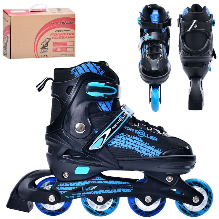 Ролики 39-42 розміру на алюмінієвій рамі зі шнурівкю та баклею, колесами ПУ, сині, у коробці 35х28х10,5 см