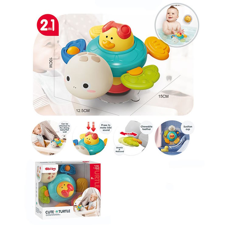 Іграшка для купання «Черепаха» 2 в 1 15 см із спінером, рухливими деталями, тріскачкою, пискавкою, прорізувачем та присоскою, у коробці 15,5х13, 5х5,5 см